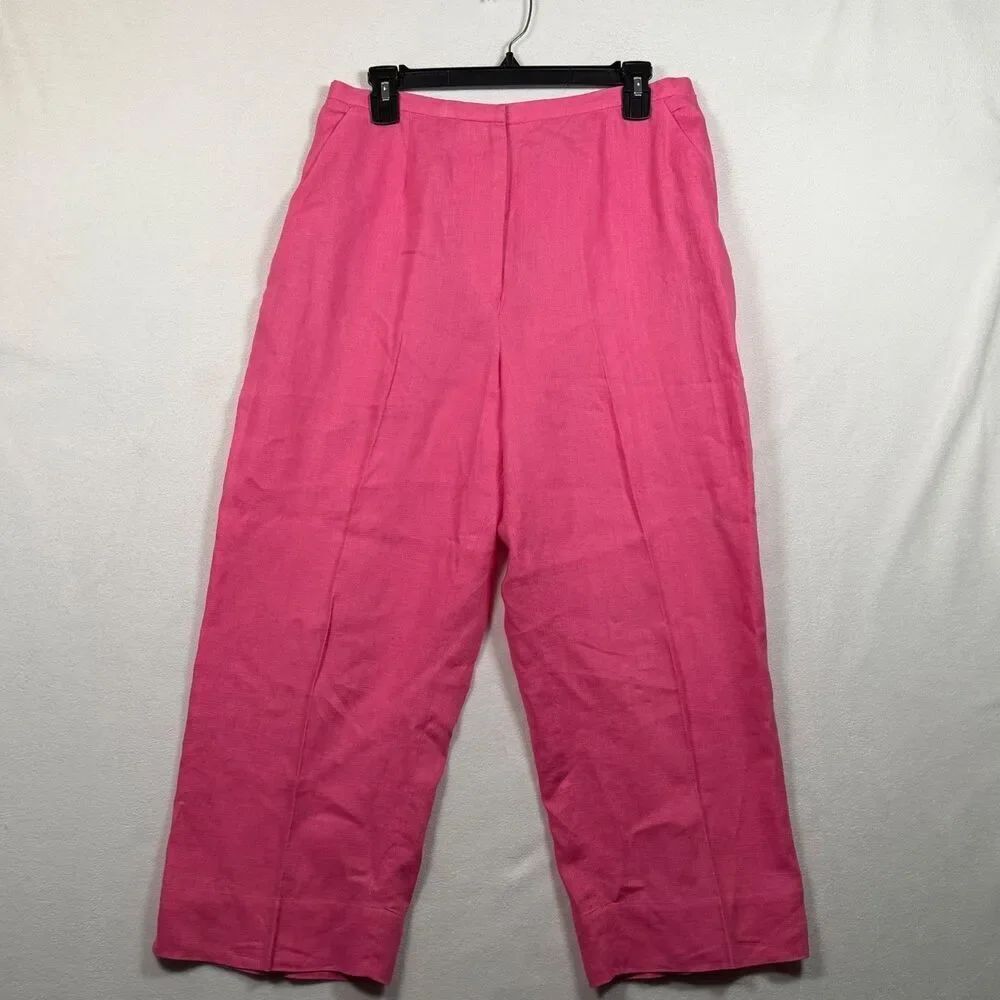 Laura Ashley Pink 100% Linen Cropped Pants Women Size 14 Elastic Back Wide Leg